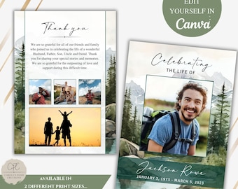 Funeral Program Template, Mountain Forest Celebration of Life Obituary (Canva Editable)