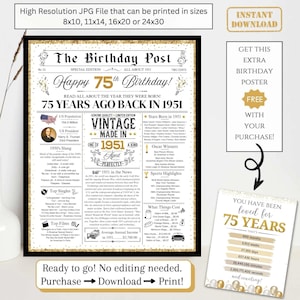 75th Birthday Newspaper Poster, Back in 1951 Facts for 75 Years Adult Birthday, Printable Gift for Women Men, NOT EDITABLE Digital Download