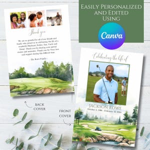 May include: A green and blue watercolor illustration of a golf course with a golf cart driving on the fairway. The text "Celebrating the life of" is at the top of the card. The text "JACKSON ROWE" is below the image. The text "October 4, 1990 - February 13, 2024" is below the name.