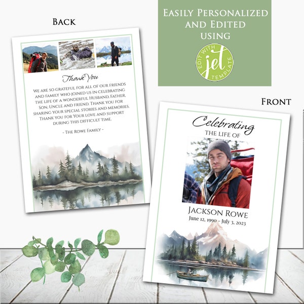 Editable Fishing Mountain Outdoors Fisherman Photo Memorial Funeral Program Template Printable Celebration Celebrating the Life Honoring