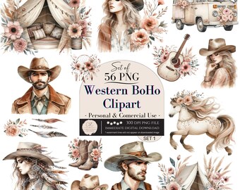 Watercolor Western Boho Clipart, Cowboy Cowgirl Floral Clipart, Digital Art, Glamping Rustic Floral art, Bohemian Clipart PNG Commercial Use