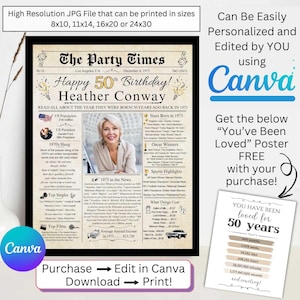 Personalized 50th Birthday Newspaper Poster, Back in 1975 Facts for 50 Adult Birthday, Printable Birthday Gift for Woman Man, DIY Canva Edit