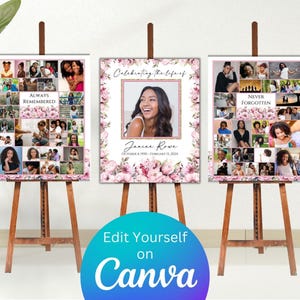 May include: Three wooden easels display memorial posters. The posters feature photo collages and floral designs. One poster reads "Always Remembered," another says "Celebrating the life of Janine Rose," and the third says "Never Forgotten." The Canva logo is visible.