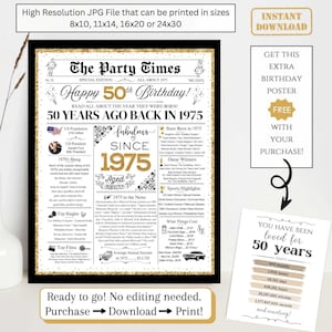 50th Birthday Newspaper Poster, 1975 Facts for 50 Years Adult Birthday Printable Decor Gift for Women Men Gold Digital Download NOT EDITABLE