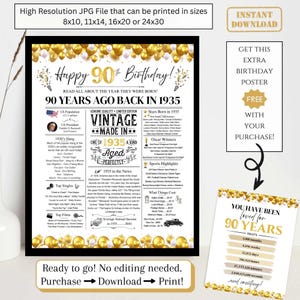 90th Birthday Newspaper Poster, Back in 1935 Facts for 90 years Adult Birthday, Printable Gift Dad Mom Grandpa Grandma Balloons NOT EDITABLE