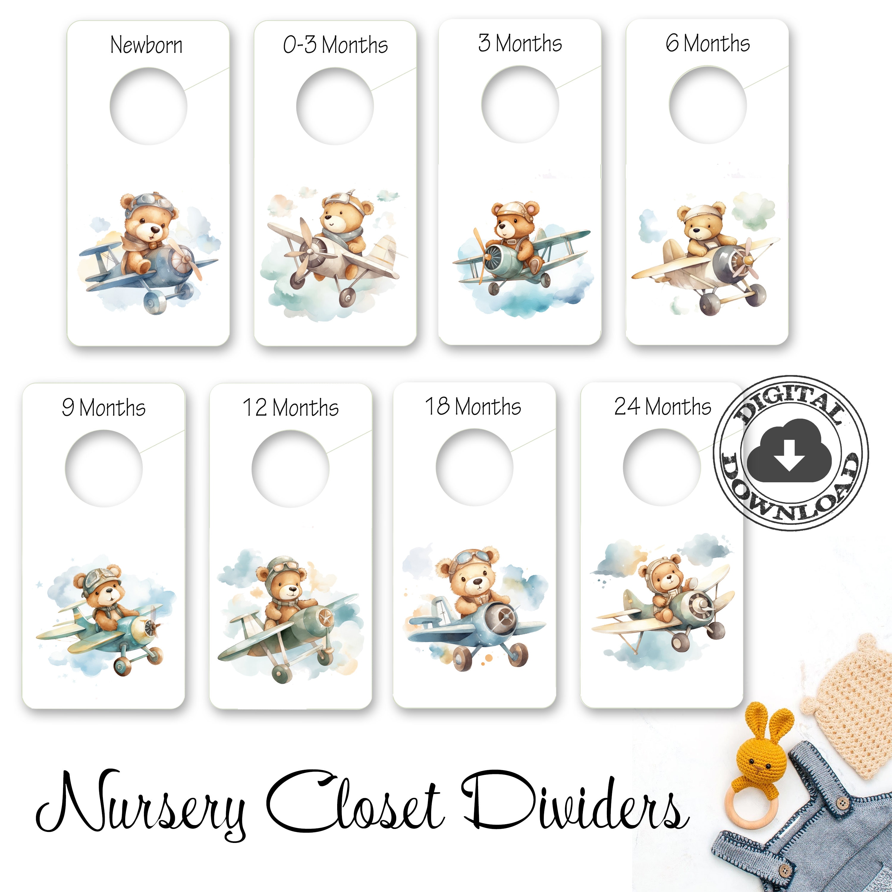 Bears in Airplanes Nursery Closet Dividers, Printable Closet Dividers, Baby Closet Organizer, Teddy Bear Decor, Bears Aviation, Digital