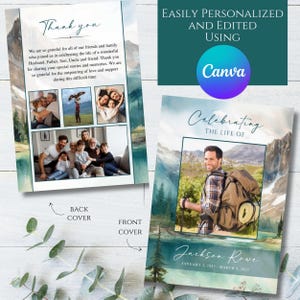 4-page Funeral Program Template, Editable Mountain Outdoors Forest Hiker Photo Celebration of Life, Printable Obituary Funeral Mass Memorial