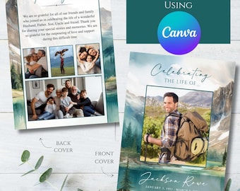 Mountain Forest Funeral Program Template, Celebration of Life (Canva Editable)
