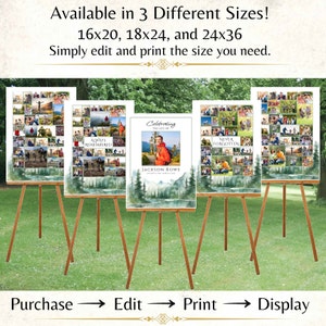 May include: Four white poster boards with photo collages on easels. The posters are decorated with a watercolor background of trees and a river. The posters have the text "Always Remembered", "Celebrating the Life of Jackson Rowe", "Never Forgotten", and a photo collage. The posters are available in three sizes: 16x20, 18x24, and 24x36 inches.