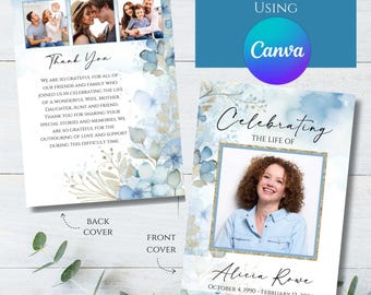 Blue Flowers Funeral Program Template, Editable Memorial (Canva)