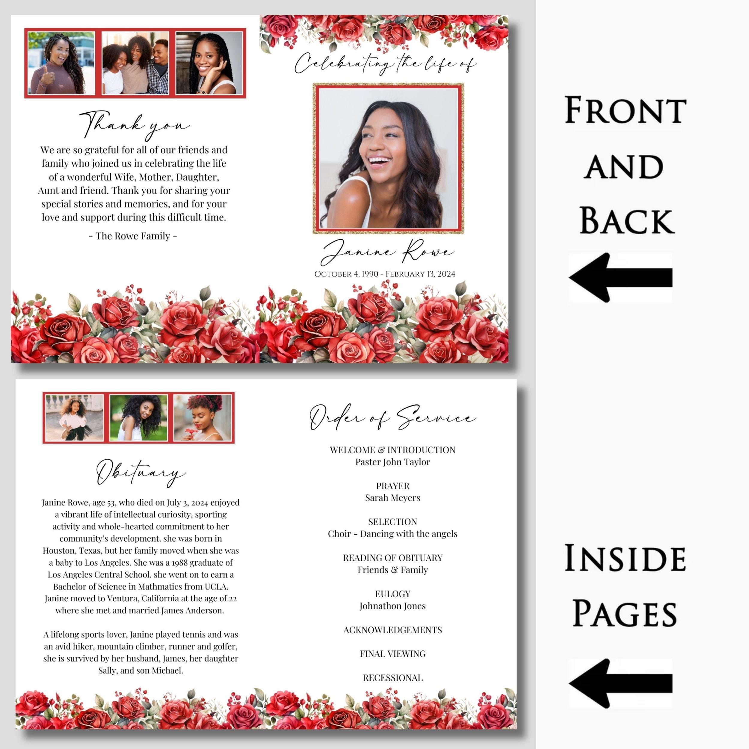 Editable Red Roses Floral Memorial Funeral Program, Elegant Red Rose ...