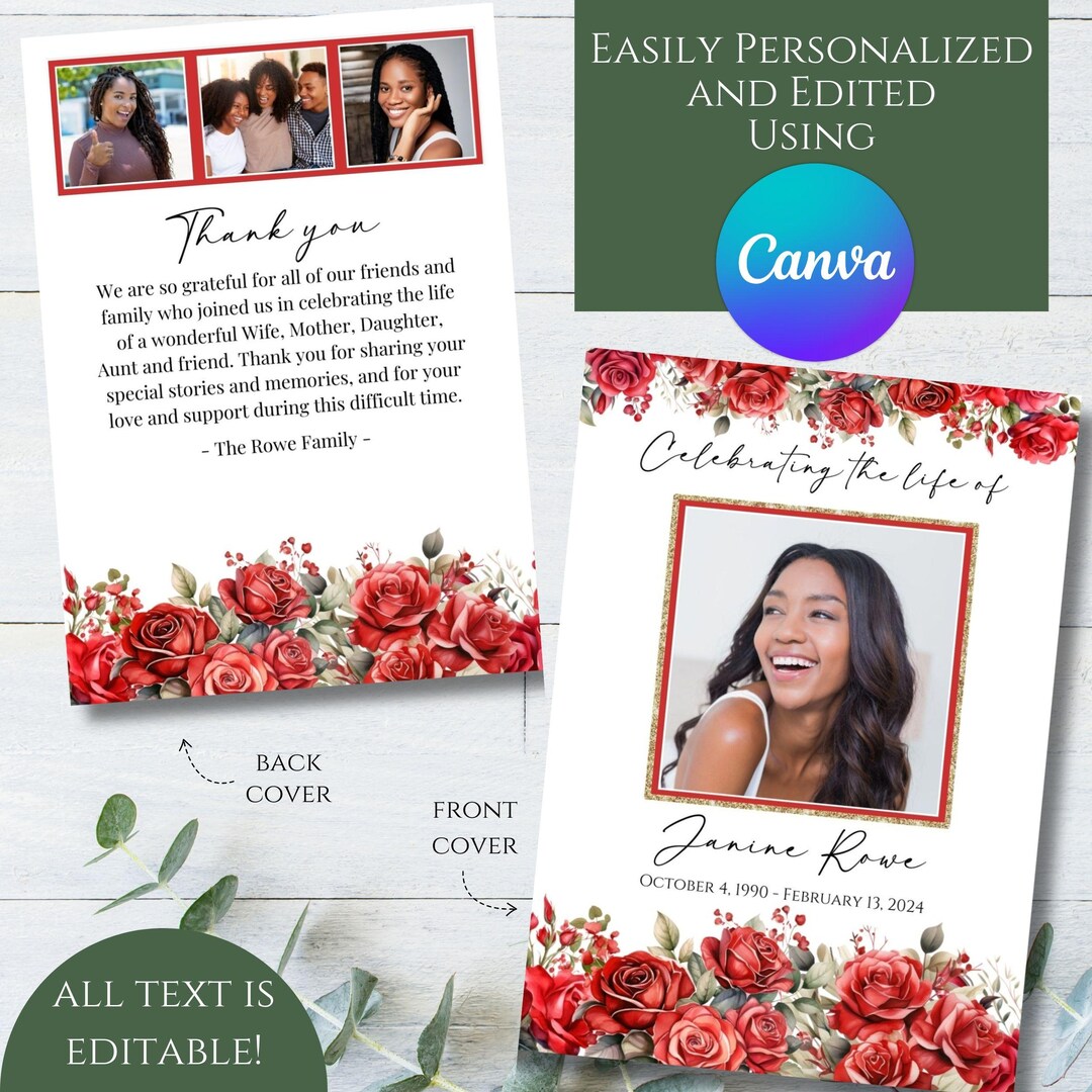 Editable Red Roses Floral Memorial Funeral Program, Elegant Red Rose ...