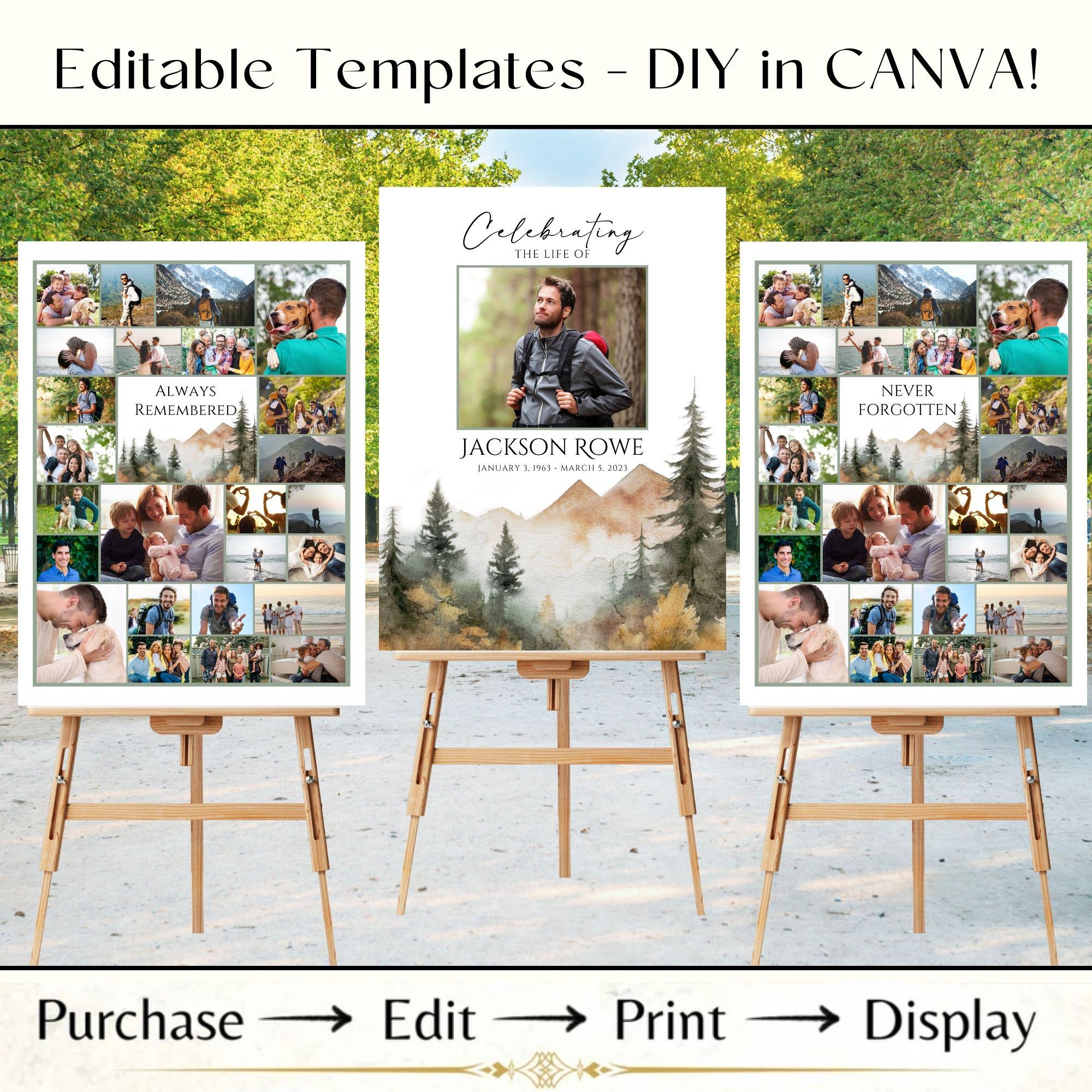Editable Photo Sign Template Set for Memorial Funeral, Celebrating the Life Honoring Memory Funeral, Easel Display Collage Poster Mountains