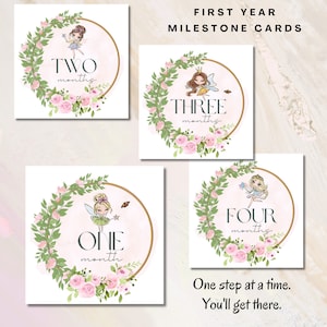 Ensemble de cartes d’étape de première année 1-12 mois, décor de pépinière de fées, téléchargement numérique imprimable, fille cadeau de douche de bébé princesse féerique, mois