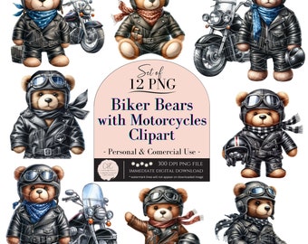 Watercolor Biker Bear Clipart, Teddy Bears with Motorcycles Clipart, Cute Biker Teddy Bear Digital Art, Nursery Decor, PNG Commercial Use