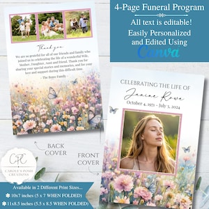 Op de afbeelding: Een 4-pagina's tellend begrafenisprogramma met een bloemen- en vlinderontwerp. De voorkant toont een foto en de tekst "Celebrating the Life of Janine Rowe". De achterkant bevat een bedankbericht en familiefoto's. Verkrijgbaar in 10x7 inch en 11x8,5 inch.
