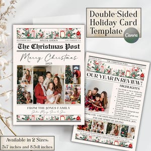 Plantilla de tarjeta navideña de resumen del año, plantilla de tarjeta festiva "Qué año" y plantilla editable para boletín navideño 2025 (Canva).