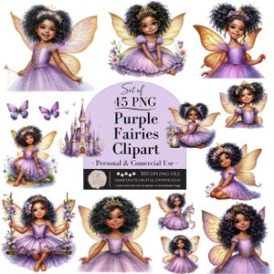 Può includere: Una collezione di 45 immagini clipart digitali PNG di fate viola. Le fate hanno capelli ricci scuri, indossano abiti viola e sono adornate con corone di fiori e ali. Sono incluse anche farfalle e un castello.