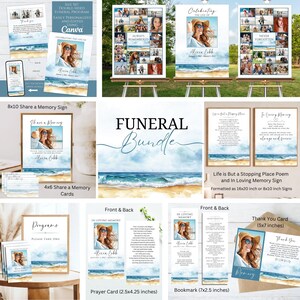 May include: A collection of memorial stationery with a beach theme. The bundle includes a double-sided funeral program, share a memory sign, prayer cards, bookmarks, and thank you cards. The designs feature a photo of a woman in a hat. Text includes "Funeral Bundle".
