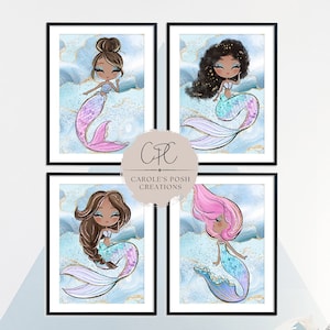 Black Mermaid Wall Art, Girls Room Wall Decor, Mermaid Nursery Art, Toddler Girl Room Prints, Little Girls Printable, digital download art