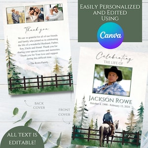 Editable Cowboy Cowgirl Western Horses Mountain Photo Memorial Funeral Program Template, Printable Celebration of Life, Honoring in Memory