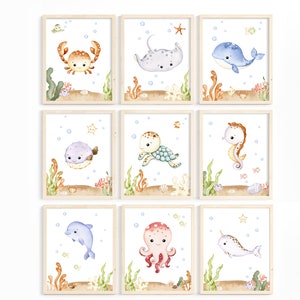 Unter dem Meer Aquarell Kinderzimmer Drucke, nautische Ozean Tier Wandkunst, Meerestier Poster, Jungen oder Mädchen Kinderzimmer Spielzimmer Dekor digitale Datei