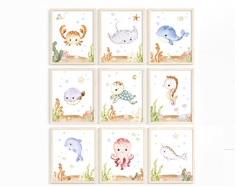 Under the Sea Watercolor Nursery Prints, Nautical Ocean Animal Wall Art, Sea Animal Posters, Boy or Girl Nursery Playroom Decor Digital File