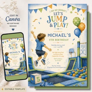 May include: A digital birthday invitation template featuring a watercolour illustration of a child jumping on a trampoline. The text reads: HIP HIP HOORAY! LET'S JUMP & PLAY! MICHAEL'S 5TH BIRTHDAY, with event details, colourful balloons, and a block with the number 5.