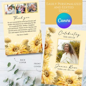 May include: A memorial card with a sunflower design. The front of the card features a photo of a woman and the text "Celebrating the life of Janine Rowe October 4, 1971 - July 3, 2024". The back of the card has a sunflower design and the text "Thank you. We are so grateful for all of our friends and family who joined us in celebrating the life of a wonderful Wife, Mother, Daughter, Aunt and friend. Thank you for sharing your special stories and memories, and for your love and support during this difficult time. - The Rowe Family -"