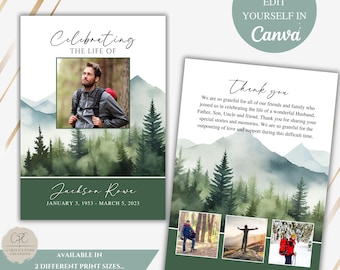Forest Hiker Funeral Program Template, Mountain Celebration of Life Obituary (Canva Editable)