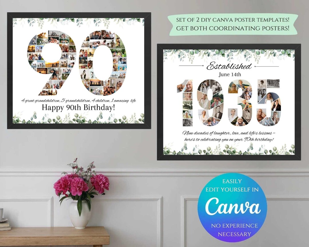 Set of 2 Personalized Custom 90th Birthday Photo Collage Templates ...