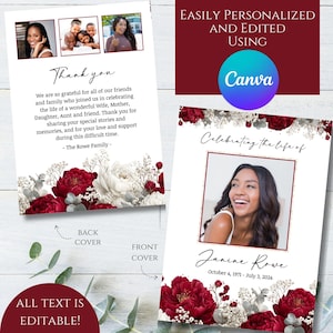 Puede incluir: Una tarjeta conmemorativa con una foto de una mujer, detalles florales y el texto "Celebrating the life of Janine Rowe". La tarjeta incluye las fechas del 4 de octubre de 1971 al 3 de julio de 2024. La contraportada tiene un mensaje de agradecimiento y fotos.