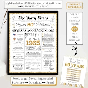 60th Birthday Newspaper Poster, Back in 1965 Facts for 60 Years Adult Birthday, Printable Gift for Women Men, NOT EDITABLE Digital Download