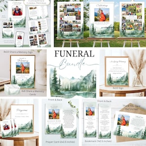 Peut inclure: Un ensemble funéraire sur le thème d'un paysage de montagne aquarelle. L'ensemble comprend un programme, une carte de prière, un marque-page, une carte de remerciement et un panneau "partagez un souvenir". L'ensemble comprend également deux panneaux de 20x25 cm avec des options de collage de photos.