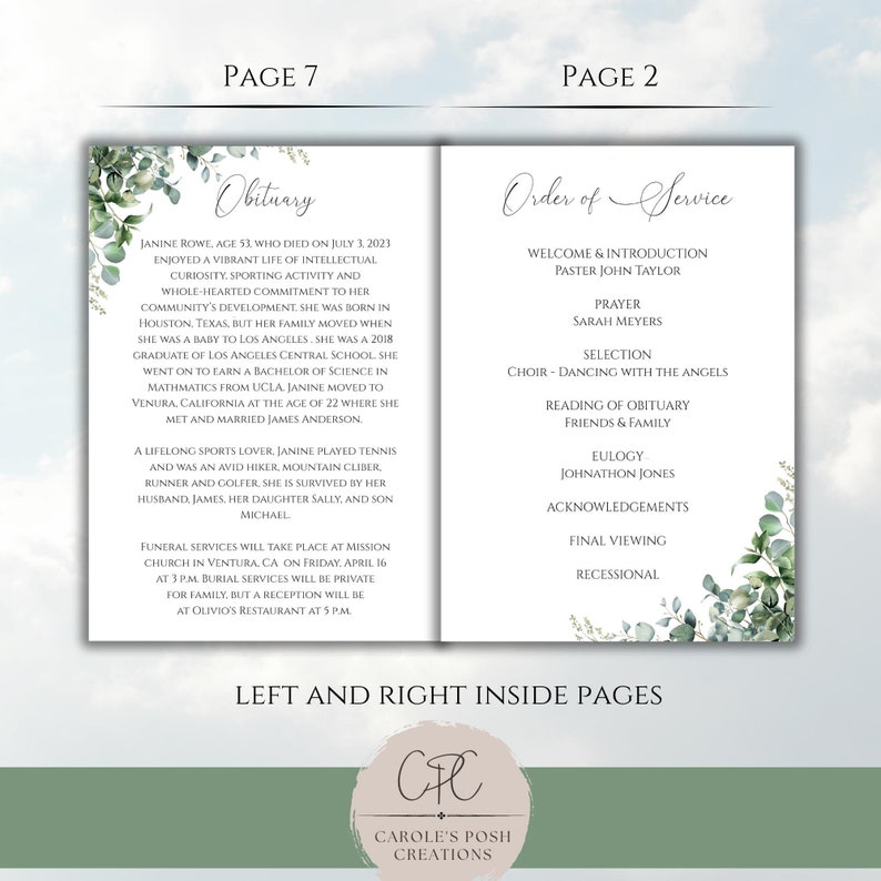 8 Page Funeral Program, Editable Celebration of Life Template, Obituary