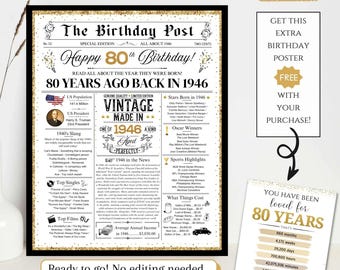 80th Birthday Newspaper Poster, 1946 Facts for 80 years Adult Birthday, Back in 1946 Gold Printable Decor, Digital Download NOT EDITABLE USA