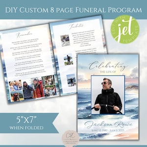 Beau modèle de programme de funérailles de 8 pages, célébration de la vie modifiable, programme de messe de funérailles nécrologiques, monument commémoratif imprimable, Blue Ocean Beach