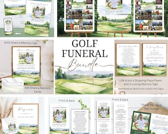 Bearbeitbares Golf Photo Denim Funeral Bundle-Vorlagenset, druckbare Feier des Lebens Poster, Gebetskarten-Lesezeichen Danke, Teilen von Erinnerung