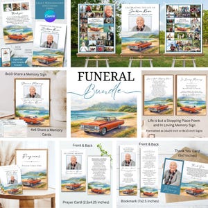 May include: A funeral bundle with memorial stationery. The design includes signs, cards, and a thank you card. The artwork features a watercolour painting of an orange classic car on a beach, with text such as "In Loving Memory".