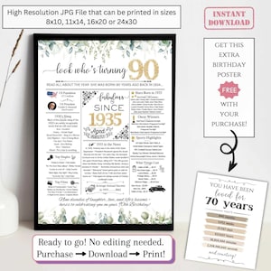 90th Birthday Newspaper Poster, Back in 1935 Facts for 90 years Adult Birthday, Printable Gift for Mom Grandma Digital Download NOT EDITABLE