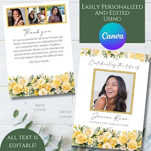May include: A memorial card with a photo of a woman in a gold frame, surrounded by yellow roses. Text includes "Celebrating the life of Janine Rowe" and dates. The back cover says "Thank you" with a message.