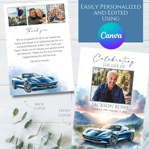 Può includere: Un biglietto commemorativo blu e bianco con una foto di un uomo e un'auto sportiva blu. Il biglietto dice "Celebrando la vita di Jackson Rowe, 4 ottobre 1990 - 13 febbraio 2024".