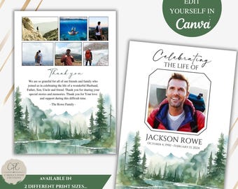 Funeral Program Template, Mountain Forest Photo Celebration of Life (Canva Editable)