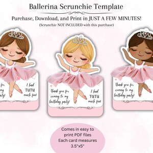 Modello di carta Scrunchie ballerina, favore di festa ballerina, principessa ballerina etichetta personalizzata Scrunchie titolare download digitale modificabile