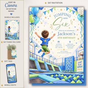 Może przedstawiać: Szablon zaproszenia urodzinowego 5x7 z akwarelową ilustracją dziecka skaczącego na trampolinie. Tekst brzmi Jumping into Six, Join us to celebrate Jackson's 6th birthday, wraz ze szczegółami wydarzenia oraz kartką z podziękowaniami.