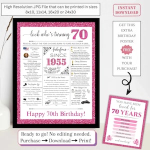 Zeitungsposter zum 70. Geburtstag, 1955 Fakten zum 70. Geburtstag für Erwachsene, druckbares Geschenk für Mama Oma Pink Sparkle, NICHT EDITIERBAR