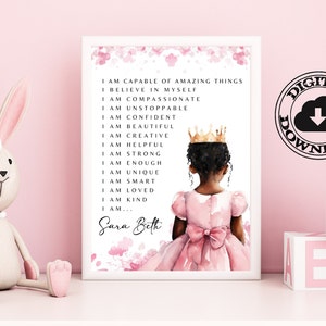 African American Personalized Name Positive Affirmations Art Print, Black Girl Affirmations Wall Art, Toddler Bedroom, Princess Downloadable