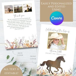 Editable Cowgirl Western Horse Wildflowers Photo Memorial Funeral Program Template Printable Celebration Celebrating Life Honoring Editable