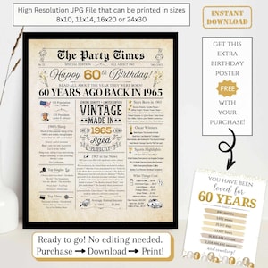 60th Birthday Newspaper Poster, Back in 1965 Facts for 60 Years Adult Birthday, Printable Gift for Women Men, NOT EDITABLE Digital Download