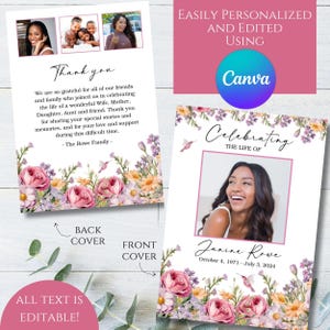 May include: A memorial card with a floral design featuring pink roses, yellow flowers, and hummingbirds. The front cover displays a photo of a woman and the text "Celebrating the Life of Janine Rowe." The back cover includes a thank you message.